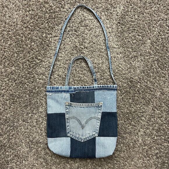 Handmade Denim Mini Bag Patchwork Tote Bag Vintage Jeans Faded Blue 3x10x12 - Picture 4 of 12
